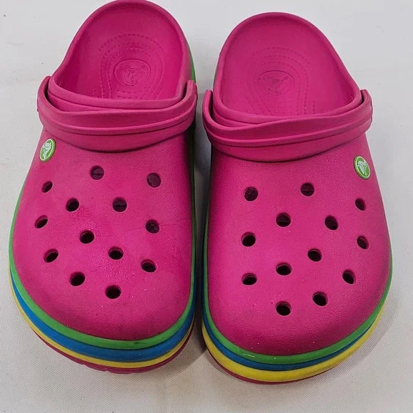 Crocs Ciabatta Paradise Pink Rainbow‎ Band Retired Clogs Mens 13 SlipOn Pride