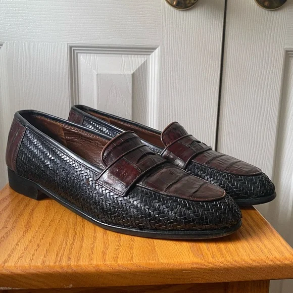 Belvedere‎ Two-Tone Black Woven Leather Cognac Crocodile Penny Loafers 11M