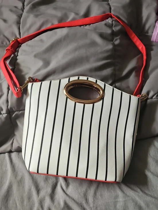 Striped White & Coral Crossbody Bag with Gold Accent