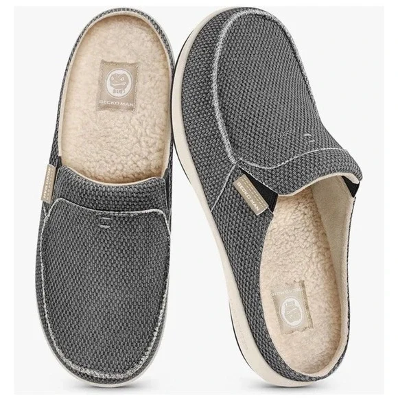 Mens Slippers with Arch Support, Canvas 11 Black ( Built-in Fleece Insoles ) NEW