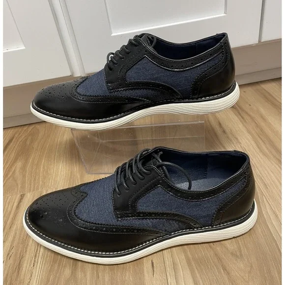 MEIJIANA Men's Wing Tip Loafers Dress Shoes Denim Black Leather Size 10,5 NEW