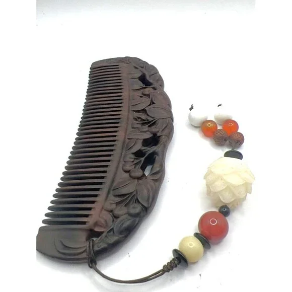 Hand‑Carved Wooden Comb w/ Engraved Cherries & Beaded Tassel