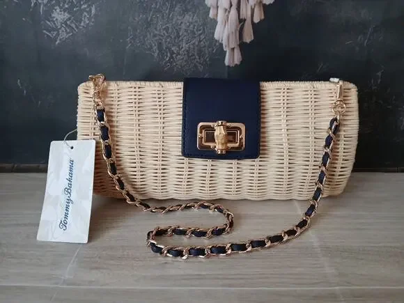 Tommy Bahama Wicker Crossbody Shoulder Bag Purse Woven Natural Wicker Turn Lock