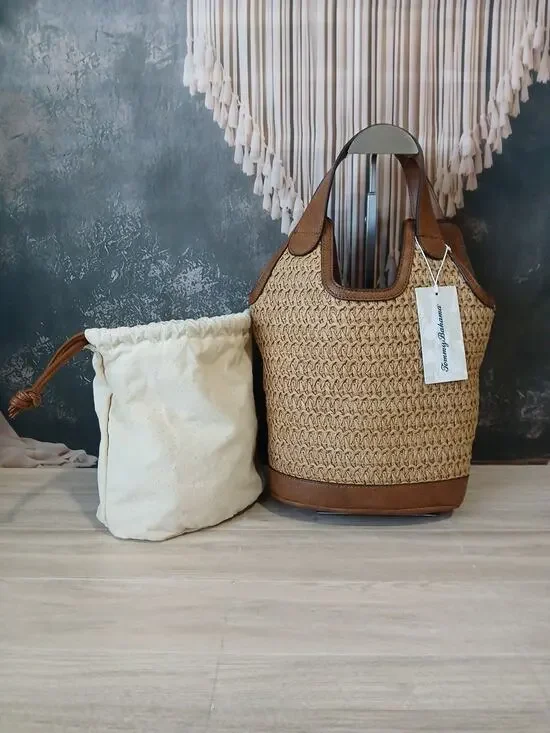 Tommy Bahama Woven Bucket Bag Purse Tote Removable Inner Pouch Natural Straw
