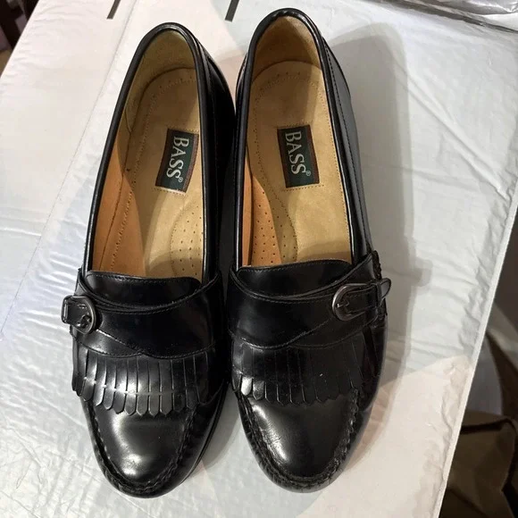 BASS Mens Size 11 Wide Black Leather Monk Strap Fringed Slip On Loafer Shoes