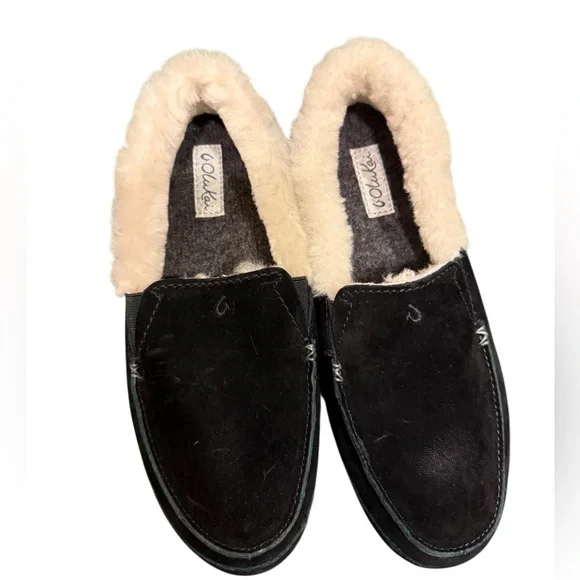 NWOT Olukai Ku'una Slipper Shoes Women's 7 Black Suede Shearling Moccasin