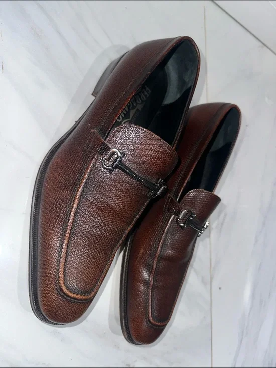 Salvatore Ferragamo Men's Dark Brown Pebbled Leather Bit Loafers