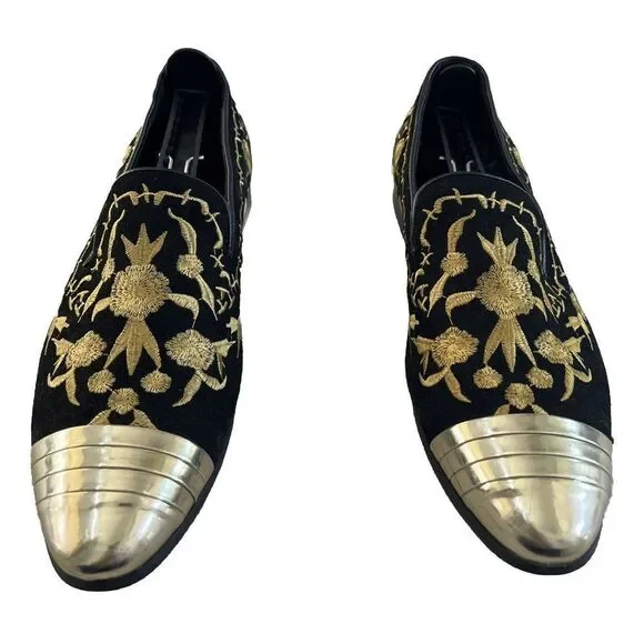 HUN Fashion Slip On Gold Cap Toe Embroidered Shoe Sz‎ 10.5