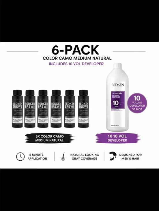 6x Redken Brews Color Camo Medium Natural + 10 Vol Developer Kit