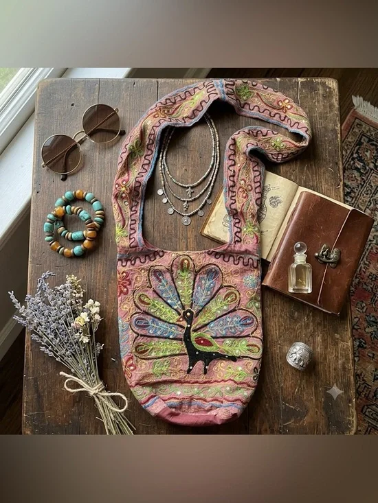 Embroidered Boho Pink Peacock Crossbody Bag