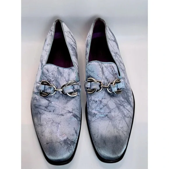 After Midnight Men's Marble Print Loafers Silver Chain Buckle Dress Shoes Size 8