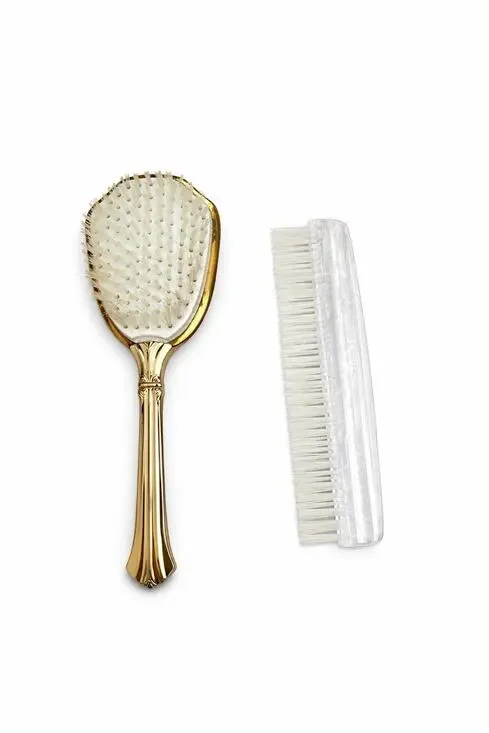 Vintage Vanity Hairbrush & Comb Brush Set Gold Tone Lucite Nylon Bristles MCM