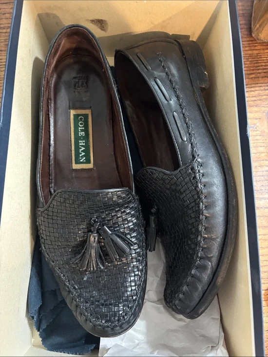 Cole Haan Black Woven Leather Tassel Slip-On Loafers