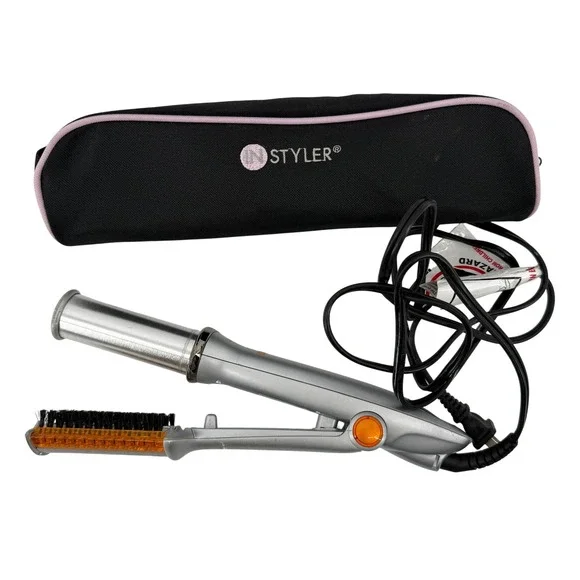 InStyler Original Rotating Curling Iron Brush IS1001 Bag Silver 1.25