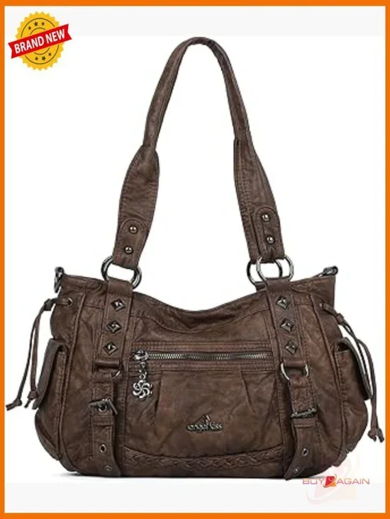 Retro Vegan Leather Hobo Bag Multi-Pocket Satchel Tote with Detachable Strap