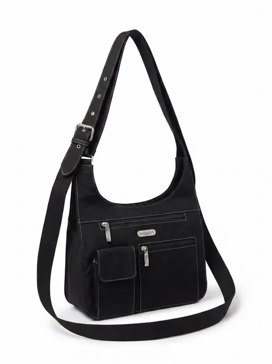 Baggallini City Bagg Black grunge nylon organizer travel crossbody hobo bag