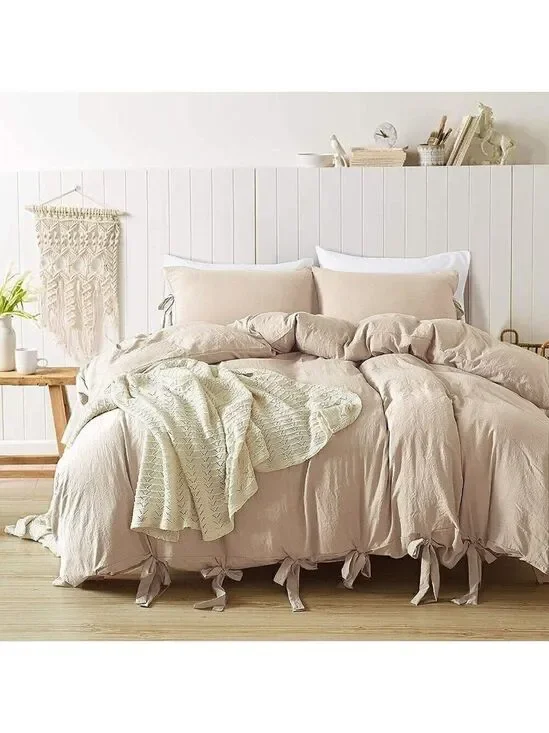 KHAKI Duvet Cover Queen Size NWT Soft Comforter Cover with Boho Bowknot Bow Tie
