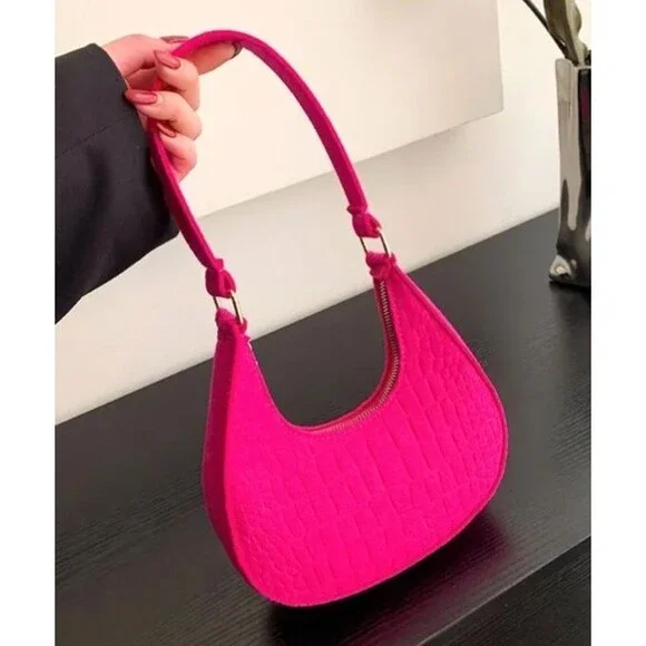 Hot Pink Croc Embossed Felt Crescent Shoulder Bag Gold Hardware Barbiecore NEW