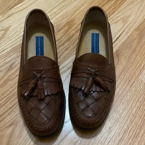 GIORGIO BRUTINI Austin Loafers Mens 9.5M Brown Woven Leather Tassel Old Money