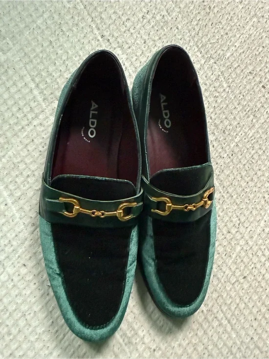 Aldo Emerald Velvet Loafers with Gold Hardware