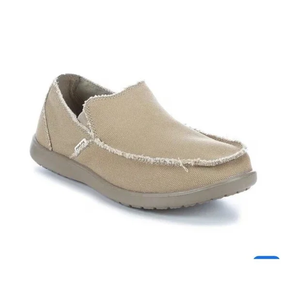 🔥🐊Crocs Santa Cruz Mens 10 Khaki Tan Canvas Slip On Loafers Distressed -GREAT