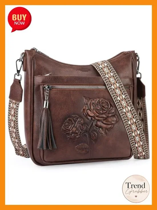 Vegan Leather Hobo Crossbody Bag Embossed Floral Lightweight Travel Purse