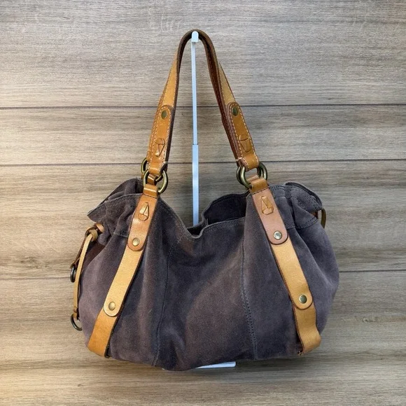 LUCKY BRAND Large Tote Brown Suede Leather Boho Hobo Hippie Drawstring Handbag