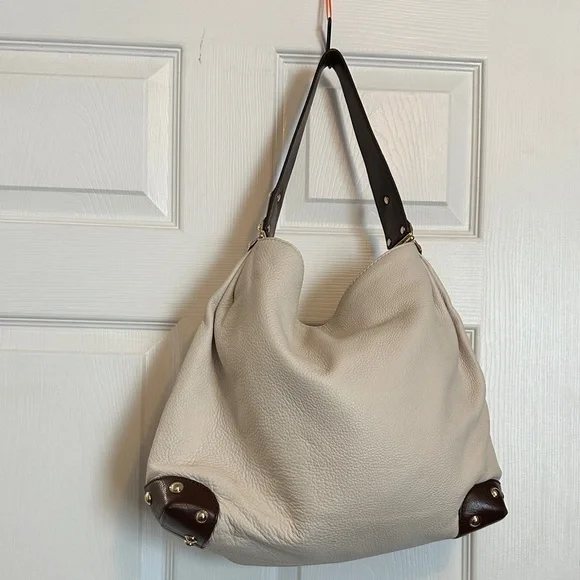 MICHAEL Michael Kors Bedford Cream and Brown Hobo Bag Gold Hardware Soft Leather