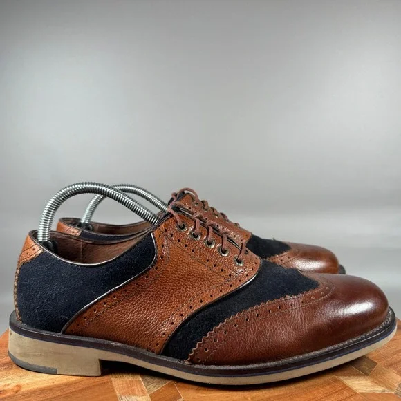 Johnston & Murphy Mens Brown Pebble Leather Navy Suede Wingtip Oxfords Size 9M