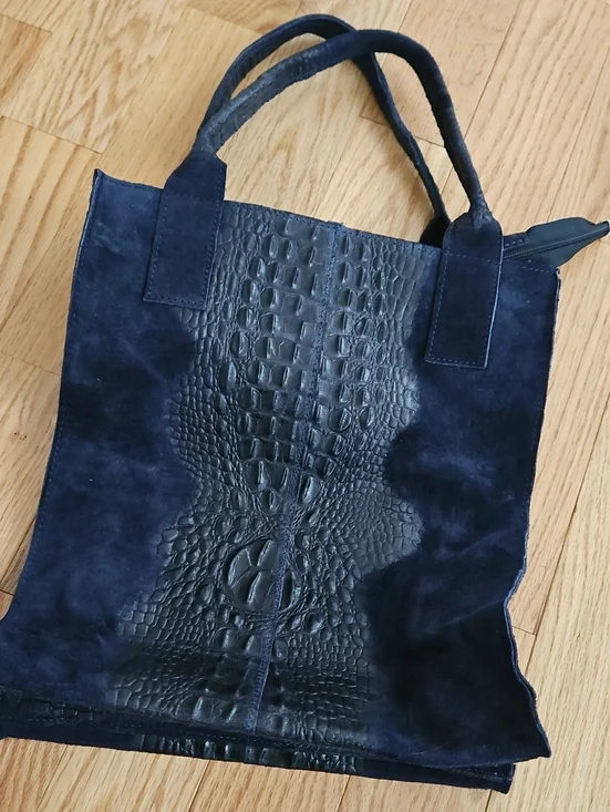 Navy Suede Tote with Black Croc Embossed Center