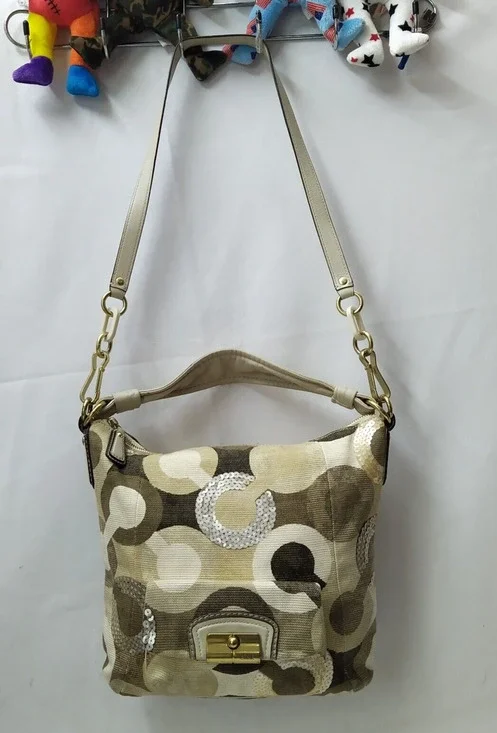 Coach Kristin Signature Siquin Canvas Leather Buckle Zipper Hobo Shoulder Bag