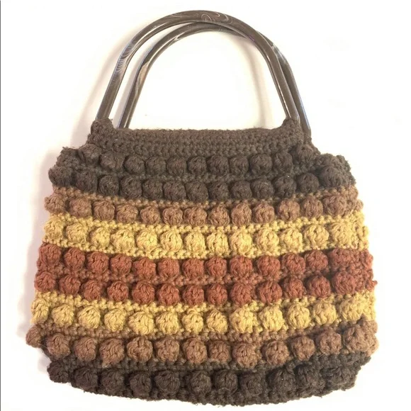 Vintage Retro boho grannycore crochet bobble stitch hand bag purse lined brown