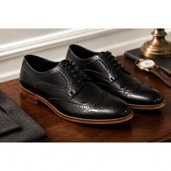 Kenneth Cole Blake Black Wingtip Oxford Dress Shoes Brogue Mens SZ 10 Luxe‎