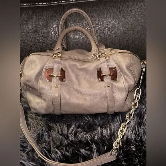 ELLIOTT LUCCA Pebbled Leather Belted Grey Hobo Shoulder Bag Chain Detail