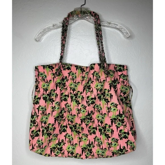Volcom 2000s Pink Green Floral Large Tote Bag Chain‎ Handles Hobo Beach Casual