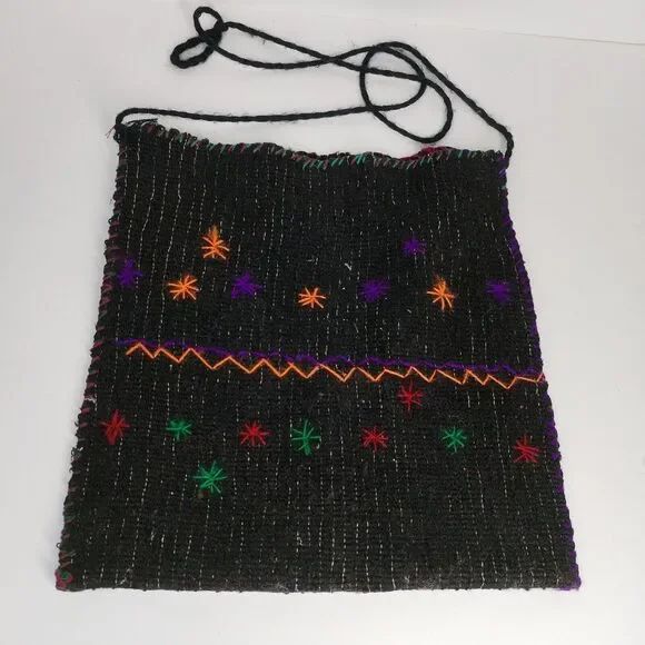 Hand Sewn Boho Bag Made In Mexico Black Multicolored Stars Hippie Boho Tribal‎