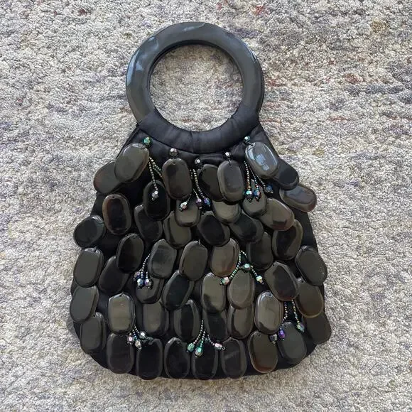 Mad Bags Black Shell Beaded Handbag Resin Ring Handles Evening Purse Hobo