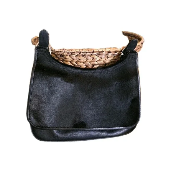 Isabella Fiore Black Haircalf Leather  Hobo Style Small‎ Shoulder Bag Purse Y2K
