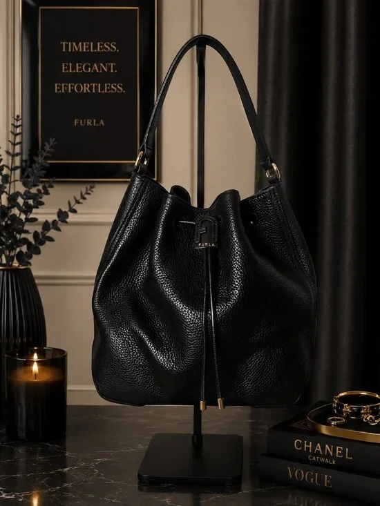 Furla Black Pebbled Leather Bucket / Hobo Bag - Excellent Condition!