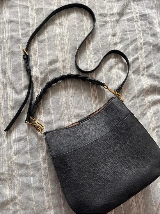Antonio Melani Black Pebbled Leather Braided Handle Hobo Crossbody Bag