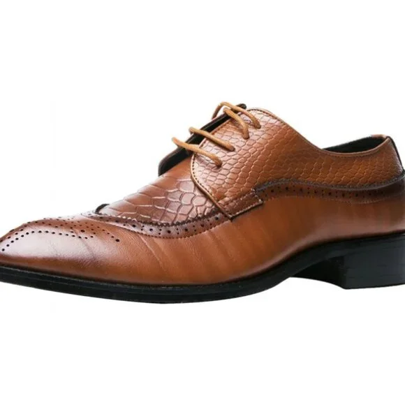 Santimon Men's US‎ 9.5, 10 Tan Crocodile Pattern Brogue Pointed Toe Derby Shoes