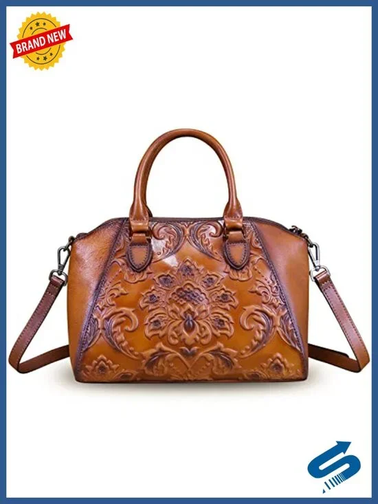 Genuine Leather Embossed Hobo Satchel Crossbody Bag with Adjustable Strap
