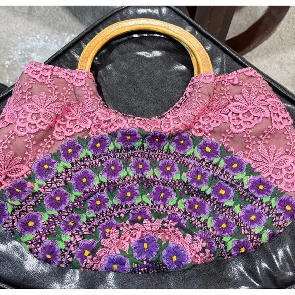 Pink Lace Floral Embroidered Hobo Bag with Wooden‎ Ring Handles Purple Flowers
