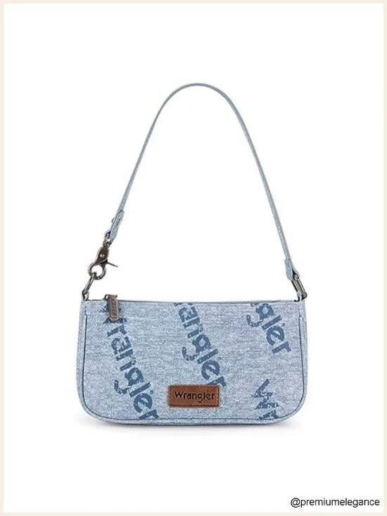 90s Retro Top-Handle Hobo Shoulder Bag with Denim Print, Faux Leather