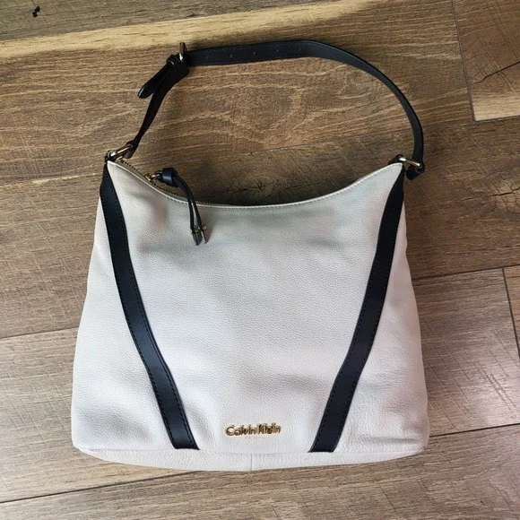 Calvin Klein Cream Black Pebbled Leather Hobo Shoulder Bag Gold Hardware