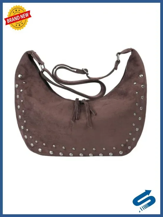Faux Suede Hobo Bag with Studded Tote - Adjustable Shoulder Crossbody Purse