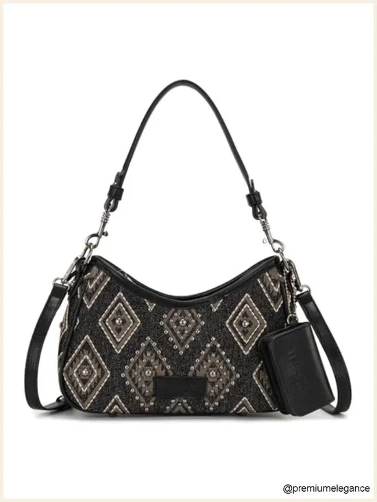 Denim Canvas Hobo Purse with Detachable Pouch and Dual Straps