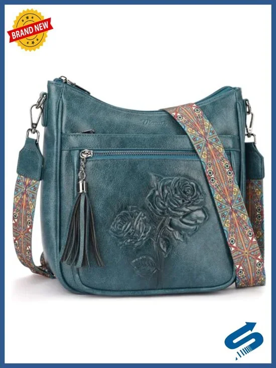Vegan Leather Hobo Crossbody Bag with Embossed Floral Pattern