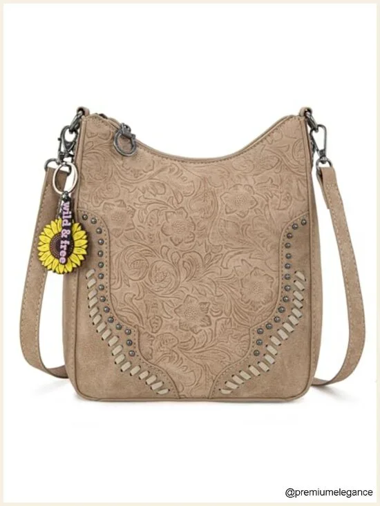 Leather Western Tooling Crossbody Hobo Bag with Whipstitch