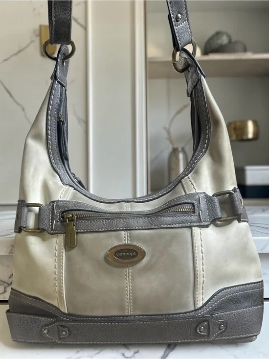 BOC Born Concept Gray Cream Faux Leather Hobo Shoulder Bag Purse